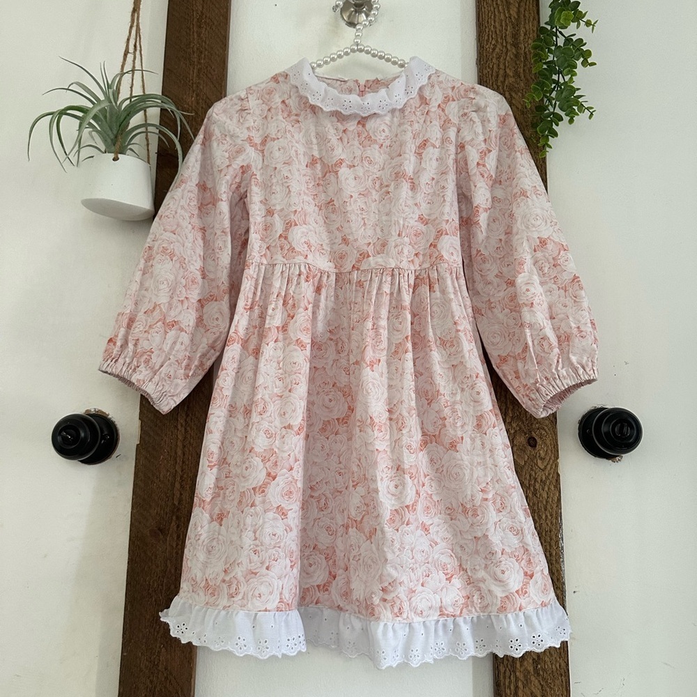 Vintage Girl Handmade Prairie Cottage Core Floral Cotton Lace Long Sleeve Dress